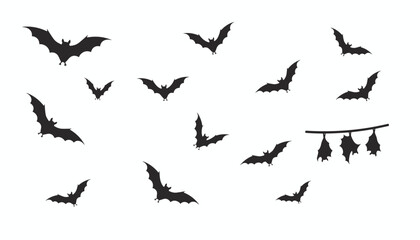 Fototapeta premium Comprehensive spooky collection of realistic black bat silhouettes flying and hanging against a clean white background.