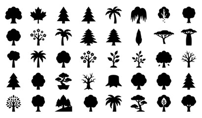 Obraz premium Flat Vector Trees Icon Set with Modern Pictogram Style Nature and Forest Symbols