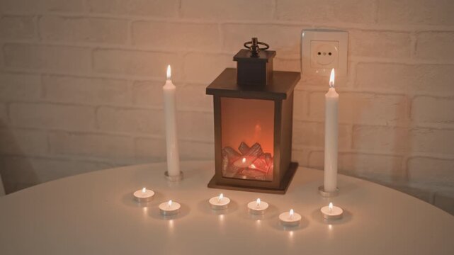 Decorative metal and glass lantern sits on round white table beside lit tealights and taper candles, with flickering flames, ember glow inside lantern, soft shadows, warm interior atmosphere, calm