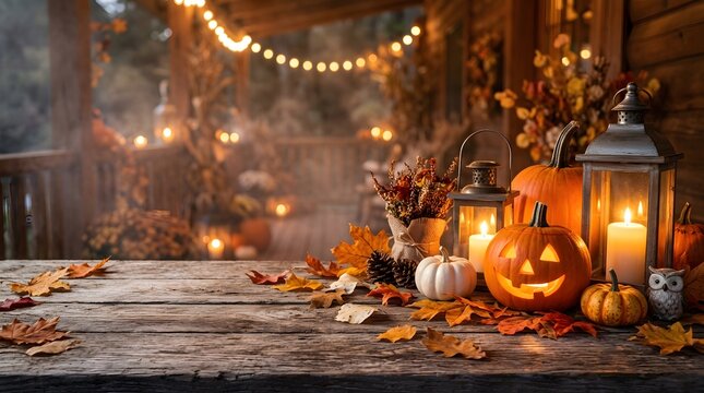 Spooky halloween porch with glowing jack o lanterns and festive autumn decorations