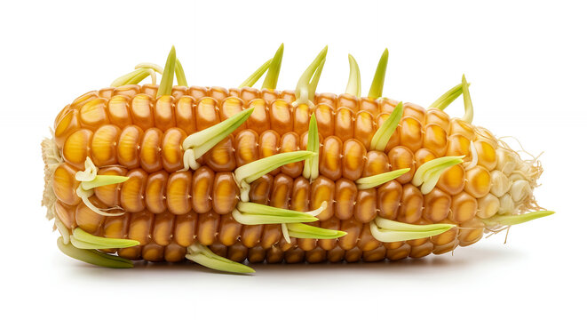 A single ear of mature corn experiencing vivipary a biological phenomenon where the seeds (kernels) have begun sprouting and growing while still attached to the cob, isolated white background