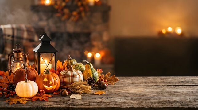 Warm autumn still life with pumpkins lanterns and fall leaves in soft light