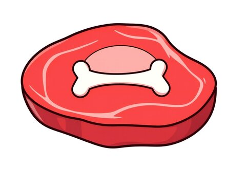 A vibrant cartoon illustration of a raw red meat steak featuring a single white bone in the center