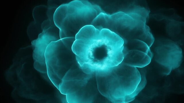 Extreme macro luminous turquoise plasma cloud rolls and expands like a microscopic storm, with glowing filaments around a bright core, creating a premium cinematic background with generous copy space.