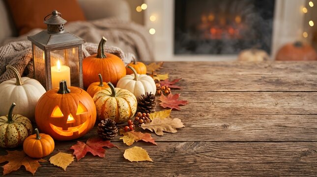 Autumnal still life with pumpkins gourds and a cozy fireplace in the background