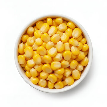 A top-down, flat-lay view of a white ceramic bowl filled to the brim with loose sweet corn kernels, isolated against a solid white background