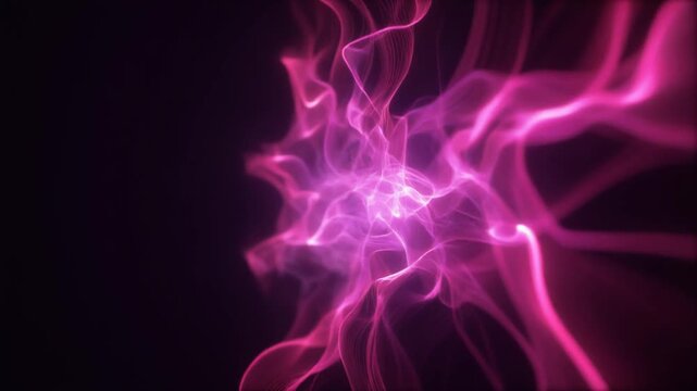 Extreme macro glowing magenta energy veil unfurls through darkness with layered luminous filaments and luxury particles, creating a dramatic futuristic cinematic background with generous copy space.