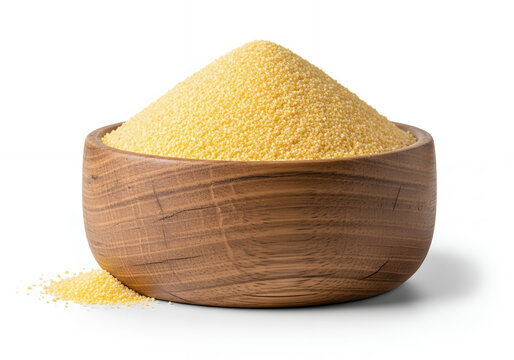 A rustic wooden bowl overflowing with a perfectly structured mound of fine cornmeal, isolated against a solid white background