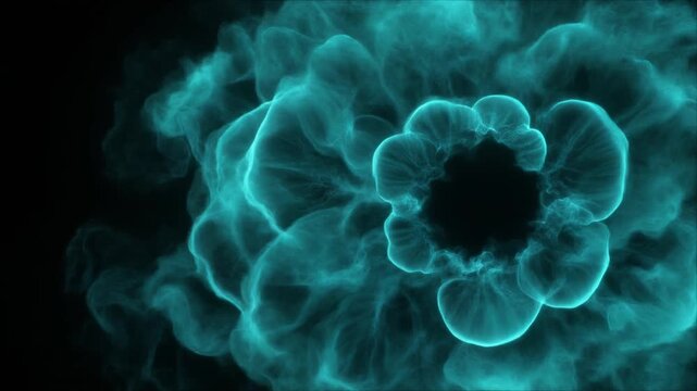 Extreme macro luminous turquoise plasma cloud rolls and expands like a microscopic storm, with glowing filaments around a bright core, creating a premium cinematic background with generous copy space.