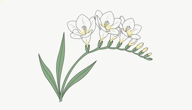 Delicate vector illustration of a freesia flower stem with beautiful white and yellow blossoms and narrow green leaves.