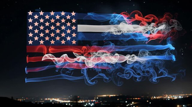 Mesmerizing patriotic flag animation with swirling colorful smoke in red white and blue