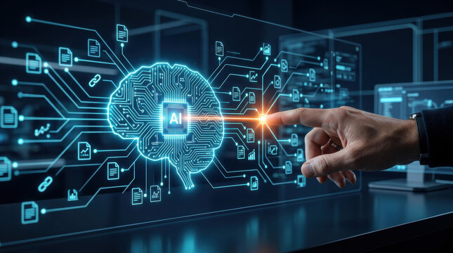 Finger touching AI brain circuit interface linked to document icons