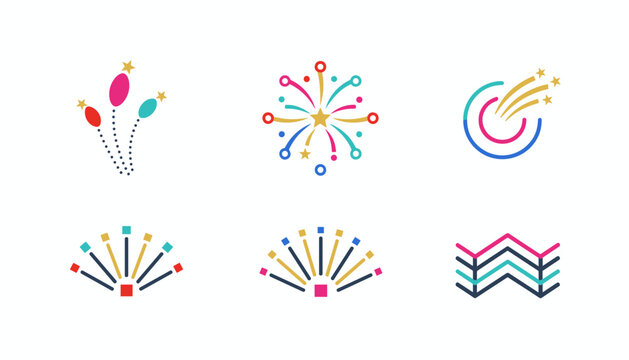 Dynamic collection of six colorful fireworks and festival logo icons, representing celebration, energy, and joy.