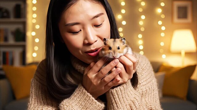 Happy young Asian woman using smartphone in cozy illuminated room at night