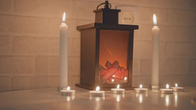 Metal lantern stands on rustic tabletop with two lit taper candles and tealights, showing flickering flames, slowly dripping wax, amber reflections, soft shadows and cozy intimate decor mood
