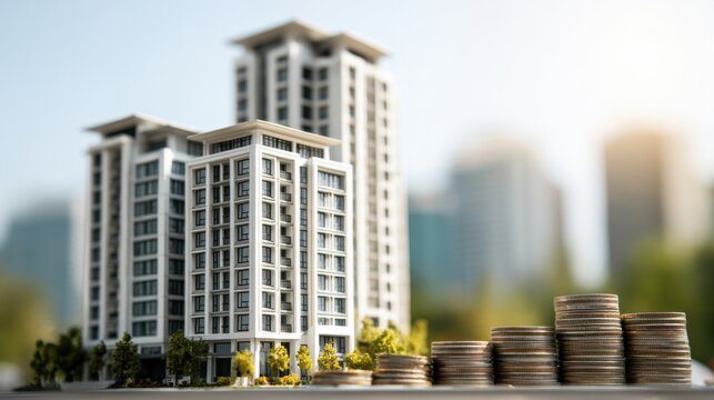Miniature Apartment Buildings and Stacks of Coins Representing Real Estate Investment