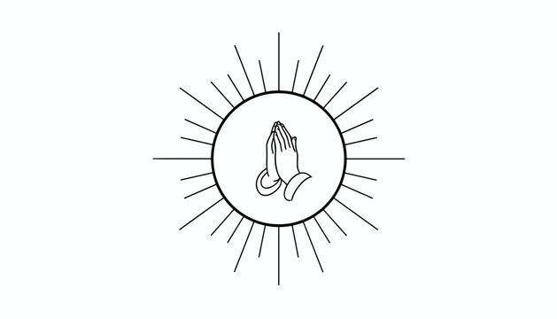 Intricate line art illustration of praying hands enclosed in a circular sunburst with rays spreading outward on white.