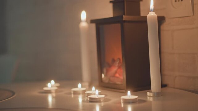 Close low angle view of candle arrangement on polished wooden floor beside small enclosed hearth, showing visible flame flicker, warm reflections, soft shadows, and calm home atmosphere