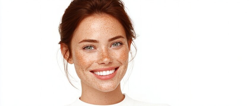 Smiling young woman with auburn hair and freckles on white background representing natural beauty and authentic portraiture for lifestyle branding