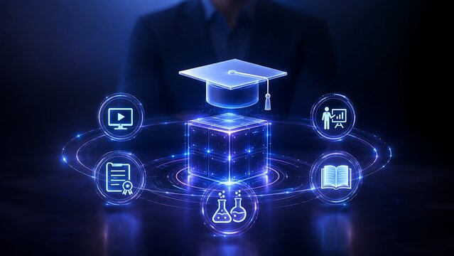 Digital E-Learning Hub Concept With Glowing Holographic Academic Cap Over Floating Cube Interface