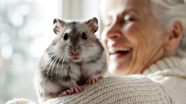 Happy senior woman holding and petting cute hamster at home