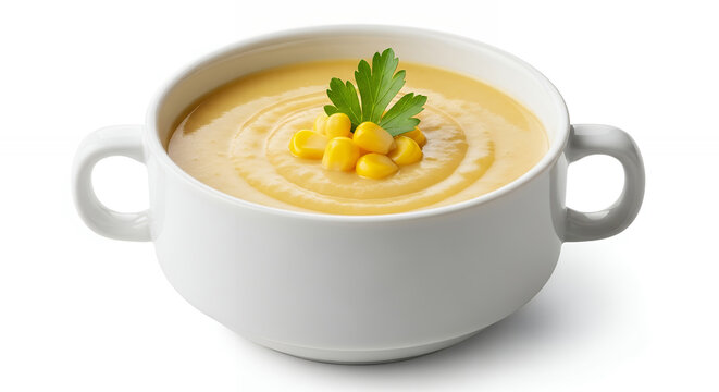 A bowl of creamy corn soup, white background isolated