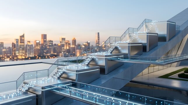 Futuristic architectural structure with tiered metallic platforms and glowing digital light spheres leading upwards, set against a blurred modern city skyline at dusk with sunset light.