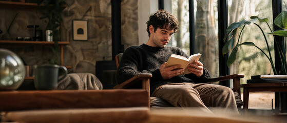 Obraz premium Young man reading book in cozy stone interior beside window, relaxed expression, warm natural light, vintage chair, houseplant, and peaceful home atmosphere for quiet leisure