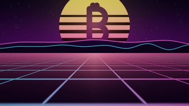 A grid pattern stretches towards the horizon under a large circular object. Bright colors dominate the scene with waves and retro elements suggesting a digital theme