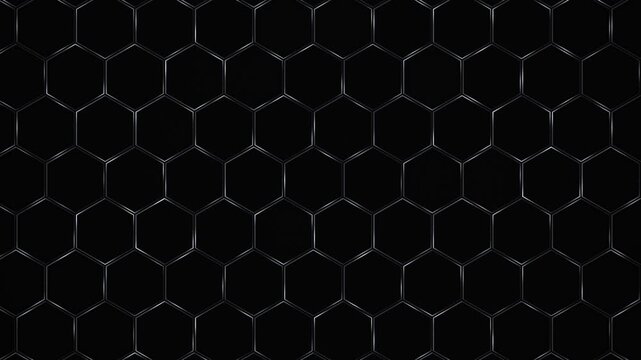 A dark geometric background featuring rows of black hexagons outlined with subtle cool highlights, creating a sleek futuristic and minimalist mood