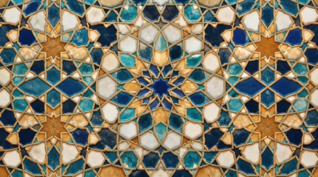 Close-up of an intricate mosaic tile pattern with geometric star shapes in blue, turquoise, and gold.