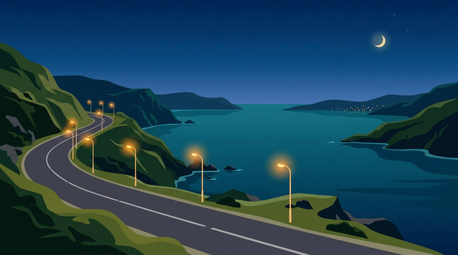 Night coastal cliff highway with glowing street lamps crescent moon and deep blue ocean view vector landscape
