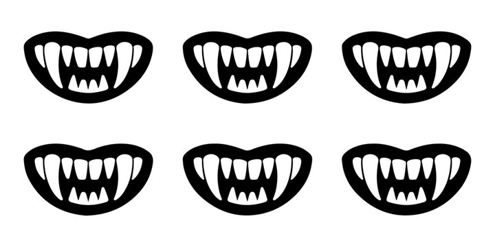 Scary monster mouth silhouettes with sharp pointed fangs and rows of teeth for halloween horror graphics.