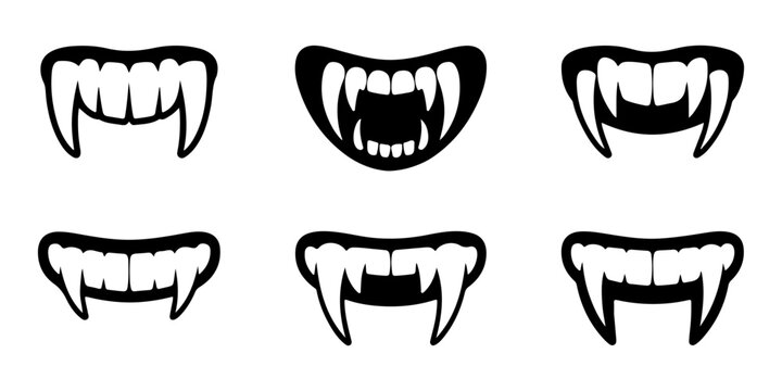 Halloween vampire teeth and monster mouth silhouettes set showing various fang styles and sharp tooth gaps.