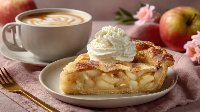 Warm Apple Pie Slice with Whipped Cream and Latte Coffee
