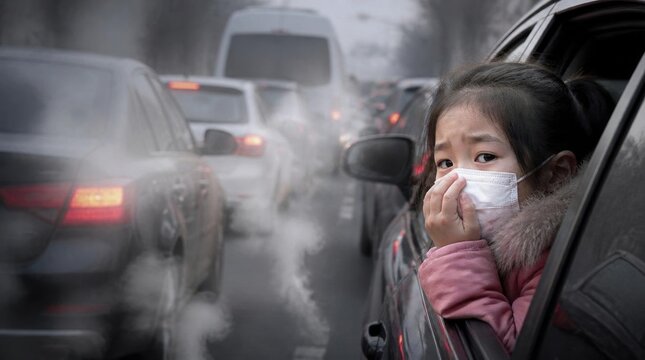 A young girl wearing a face mask, looking through a car window surrounded by smog and traffic.