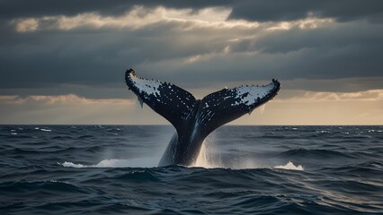 Naklejka premium Powerful humpback whale tail fluke breaching in vast ocean water under dramatic cloudy sky at sunset or sunrise.