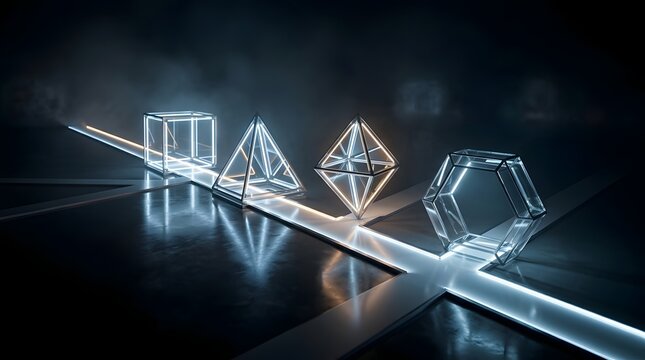 Futuristic 3D render of glowing wireframe geometric shapes like a cube and pyramid on a reflective dark floor with neon light strips and ambient smoke in a high-tech studio environment.