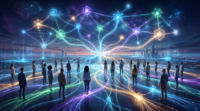 Global business team connected by digital network of colorful light trails symbolizing technology and unity
