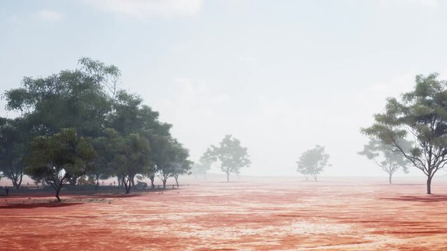 A flat landscape shows red soil and a few trees scattered. The sky is clear with some light clouds. This scene depicts nature in a remote area during daytime.