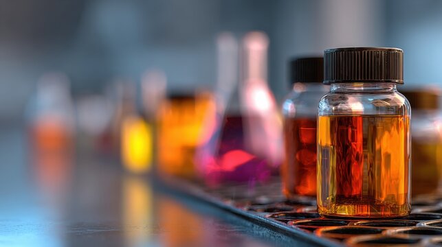 Row of Colorful Medicine Bottles on Laboratory Shelf