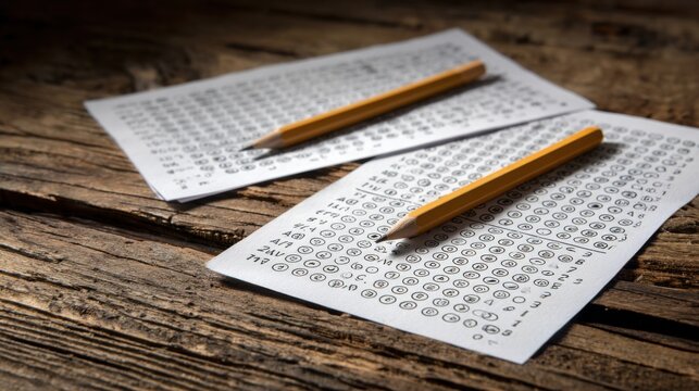 Two Sharpened Pencils Rest on Multiple Choice Answer Sheets on a Wooden Surface