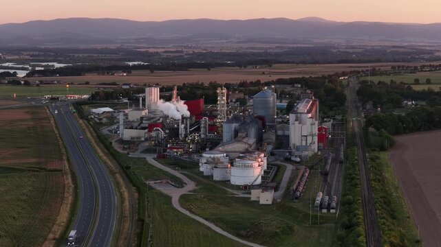 Aerial view of methanol and ethanol factory plant in corn field. Bioagra Goswinowice Ethanol Production Plant located near Nysa in Poland. Factory of bioethanol and ethanol produced from corn grain