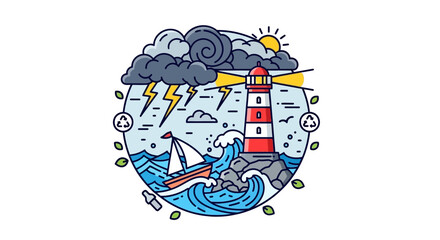 Obraz premium stormy weather lighthouse, sea and boat