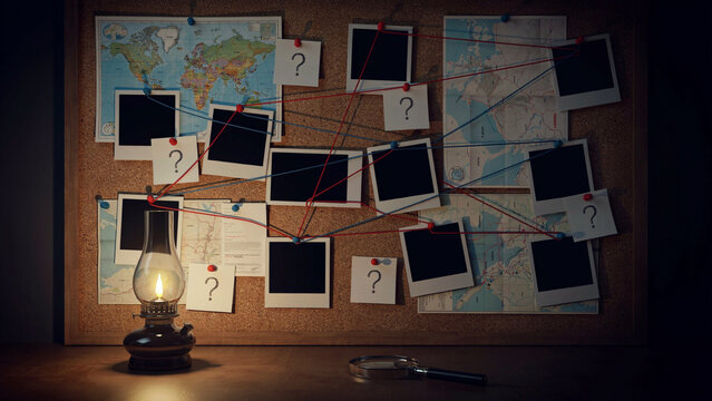 Detective cork board featuring world maps blank polaroid photos red yarn connections and glowing oil lamp