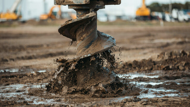 Industrial metal earth auger drill bit digging deep into wet muddy ground at construction site