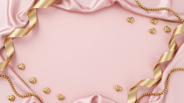 Elegant pink silk fabric backdrop featuring golden ribbons and scattered hearts for romantic celebratory event themes
