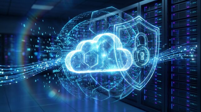 Luminous digital cloud protected by layered shields and a padlock, with encrypted data streams flowing through secure network connections in a futuristic server environment.