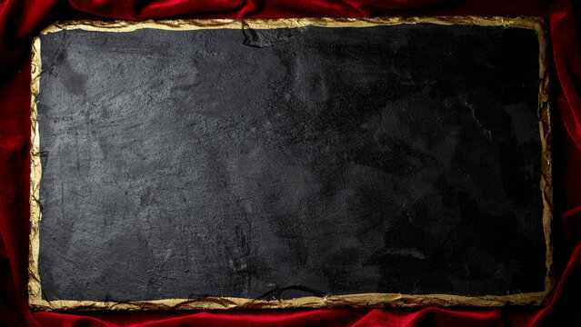 Rectangular black slate board featuring elegant gold painted edges resting on rich luxurious red velvet
