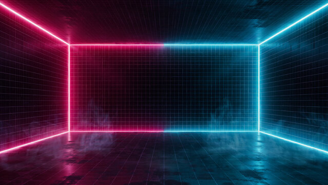 Empty dark room illuminated by vibrant pink and cyan neon glowing square frame studio background design